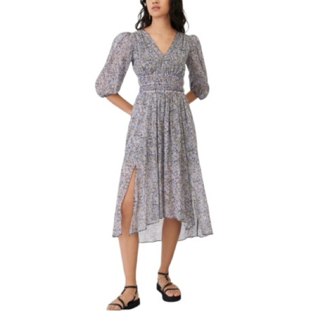 Maje Rilota Floral Shirred Open Back Cotton Voile Midi Dress Size 42
